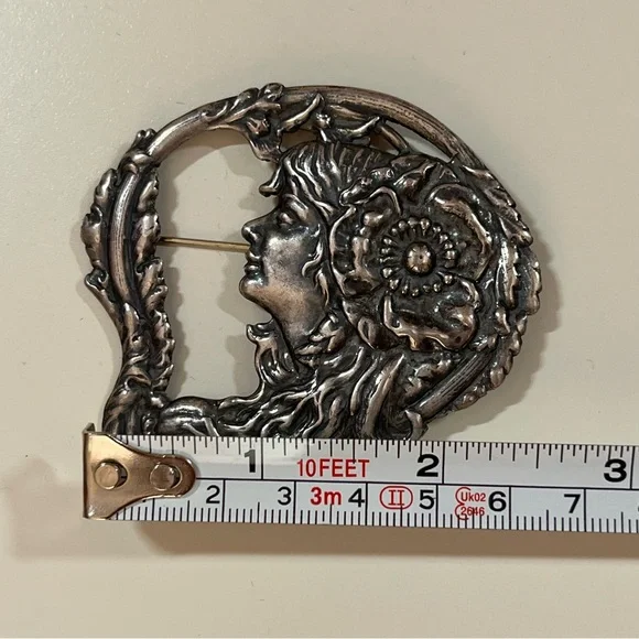 Antique Art Nouveau Art Deco Silver Lady Face Victorian Brooch Fairycore - Picture 14 of 15